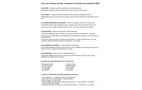Tous nos créneaux sportifs, artistiques et culturels dès septembre 2025